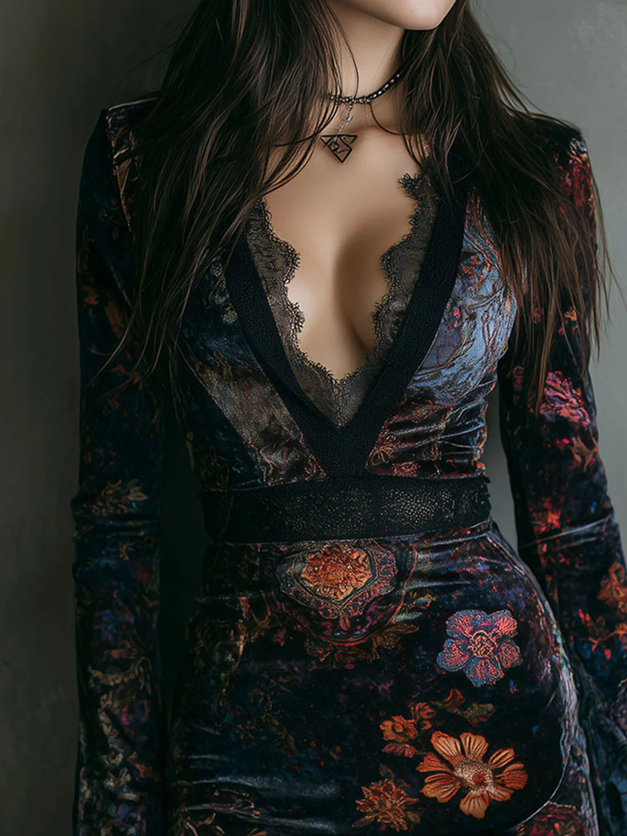 Zamatové mini šaty s kvetinovou potlačou, výstrihom do V a čipkovým lemom